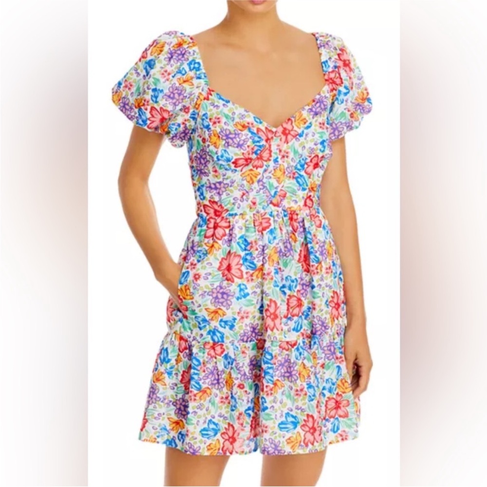 Aqua Floral Puff Sleeve Dress